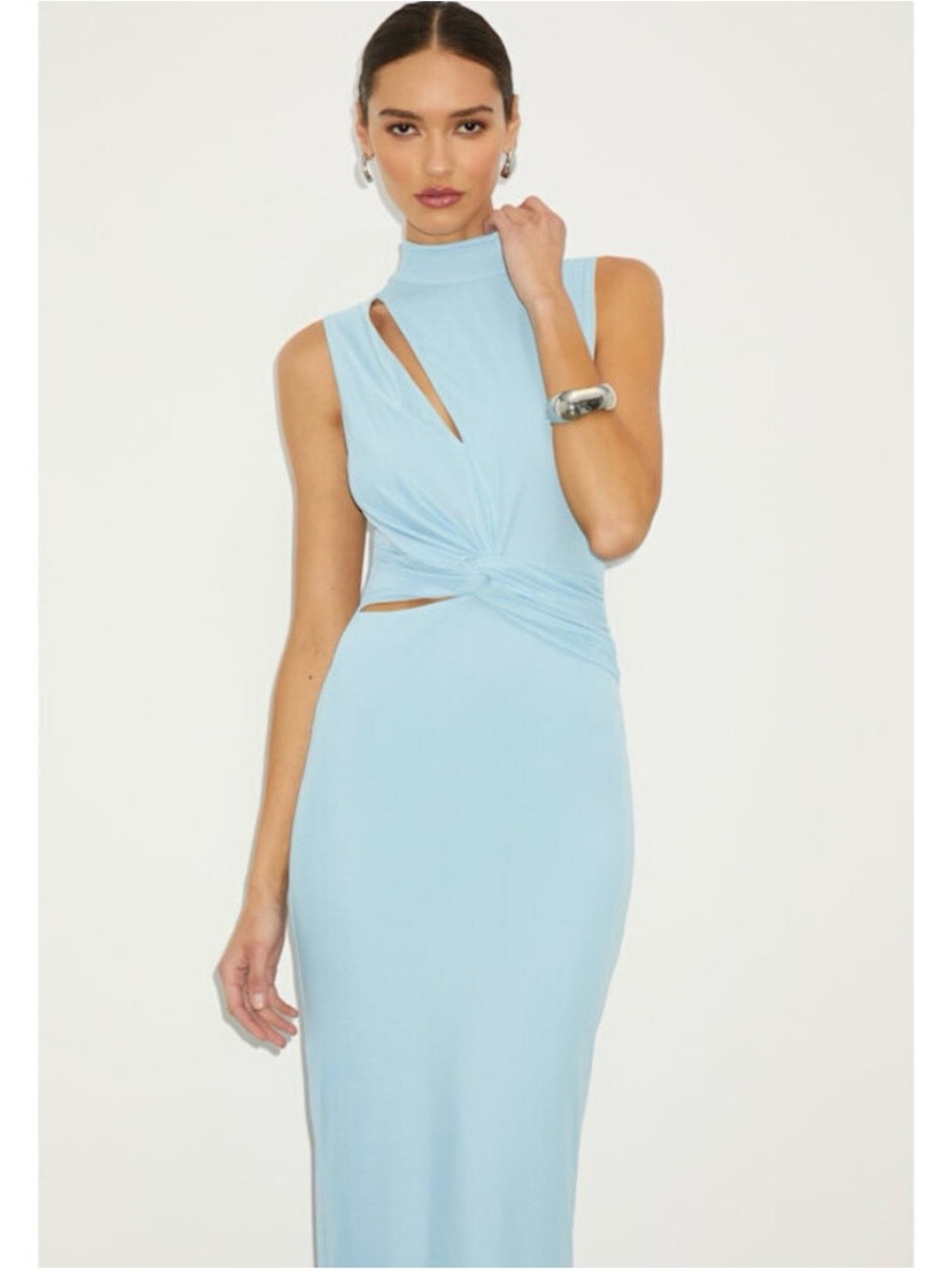 Lulus Kamara Light Blue Mesh Cutout Knotted Midi Dress - Size M
